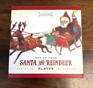 Williams Sonoma Marc Lacaze Santa Reindeer Dessert Plates Set 4 NOB 2011 8.5"